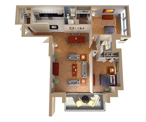 Floor plan for 2 beds, 2 baths, 1360 sqft
